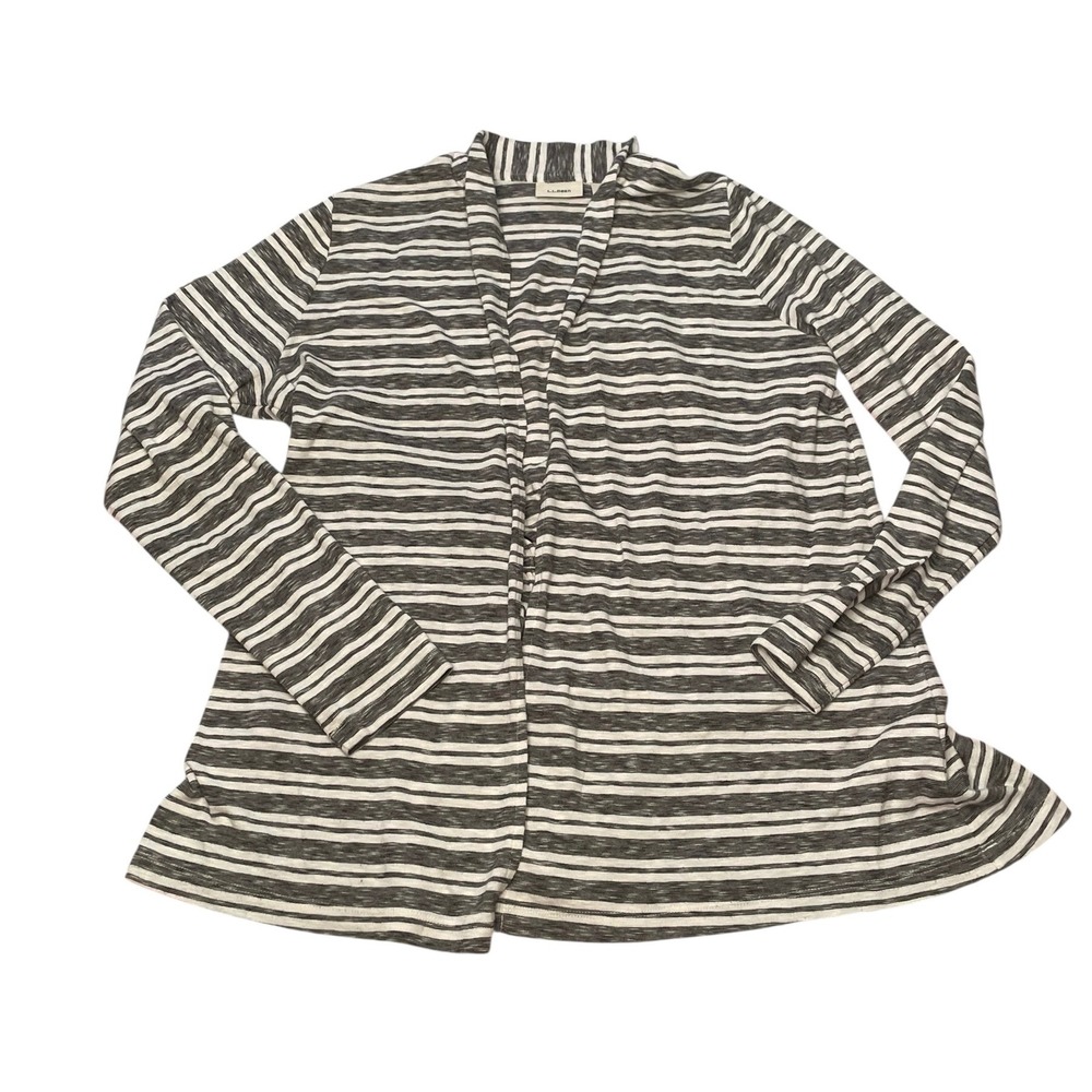 L.L.Bean Open Front Cardigan Sweater Womens Large Striped Gray White Lightweight